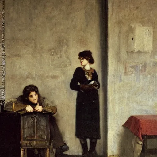 Image similar to a young man and a young woman solving an escape room puzzle, mysterious markings on the wall, by alfred stevens