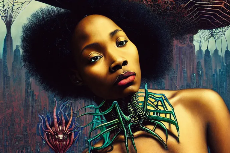 Image similar to realistic detailed closeup portrait movie shot of a beautiful black woman with a giant spider, dystopian city landscape background by denis villeneuve, amano, yves tanguy, alphonse mucha, max ernst, ernst haeckel, kehinde wiley, caravaggio, roger dean, cyber necklace, rich moody colours, sci fi patterns, wide angle