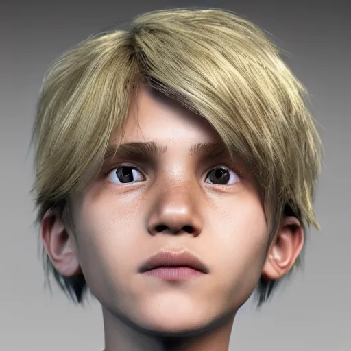 Image similar to detailed face of boy with blonde hair and brown eyes, unreal engine 5 rendered, incredibly highly detailed and realistic, 8 k, sharp focus, studio quality