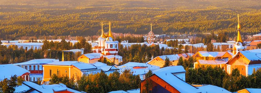 Prompt: view on sleeping district in province russian town at morning sunrise, romantic lighting, squared buildings, trees