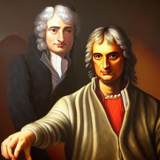 Prompt: a realistic neoclassical portrait of sir isaac newton and tupac shakur, chillin at the club together, oil on canvas, brilliant detail, exquisite