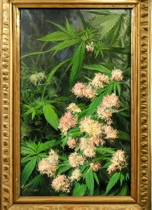 Image similar to oil painting by anders zorn, nature, bush, marijuana flowers, cannabis leaves with backlight