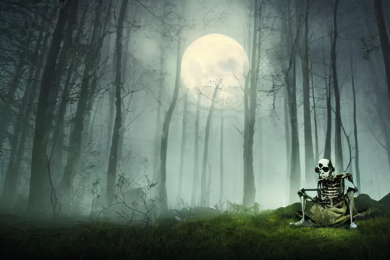 Image similar to a burning human skeleton sitting in foggy forest behind computer at moonlight night, overgrown with moss, dark atmosphere, scary dark fantasy, horror, highly detailed