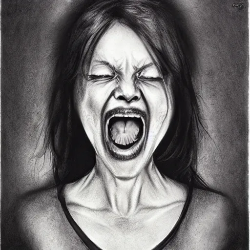 Prompt: a black and white drawing of a person with their mouth open, a charcoal drawing by Stephen Gammell, cgsociety, sots art, charcoal drawing, matte drawing, concept art