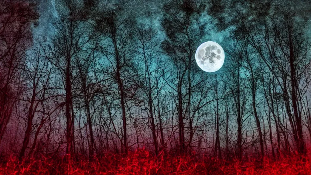 Image similar to (((psychedelic))) 8k ultra realistic night time photography of a mystical cosmic night sky with red smoke and a perfect huge full moon, A glimpse through a small gap in the dark green dense foliage!! and overgrowth and the trees of the huge full moon over water in a dark sky. wreathed in red smoke!!!, mist, starlight, night-time, volumetric lighting, dark enclosed, cozy, quiet forest night scene, spangled, cosmic
