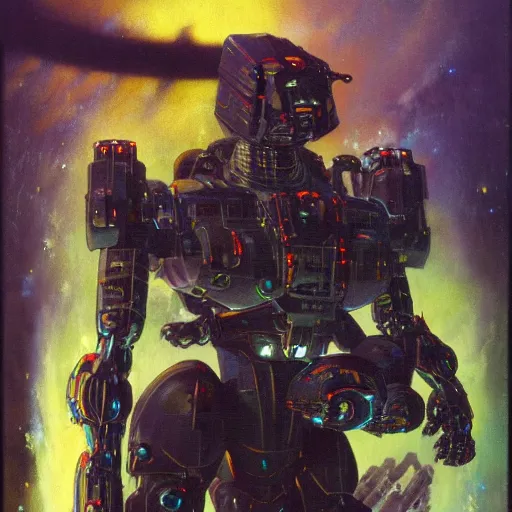 Image similar to a dark and colorful close - up of a sci - fi mecha spaceship with led lights glowing fog in the background. highly detailed science fiction painting by norman rockwell, frank frazetta, and syd mead. rich colors, high contrast, gloomy atmosphere, dark background. trending on artstation