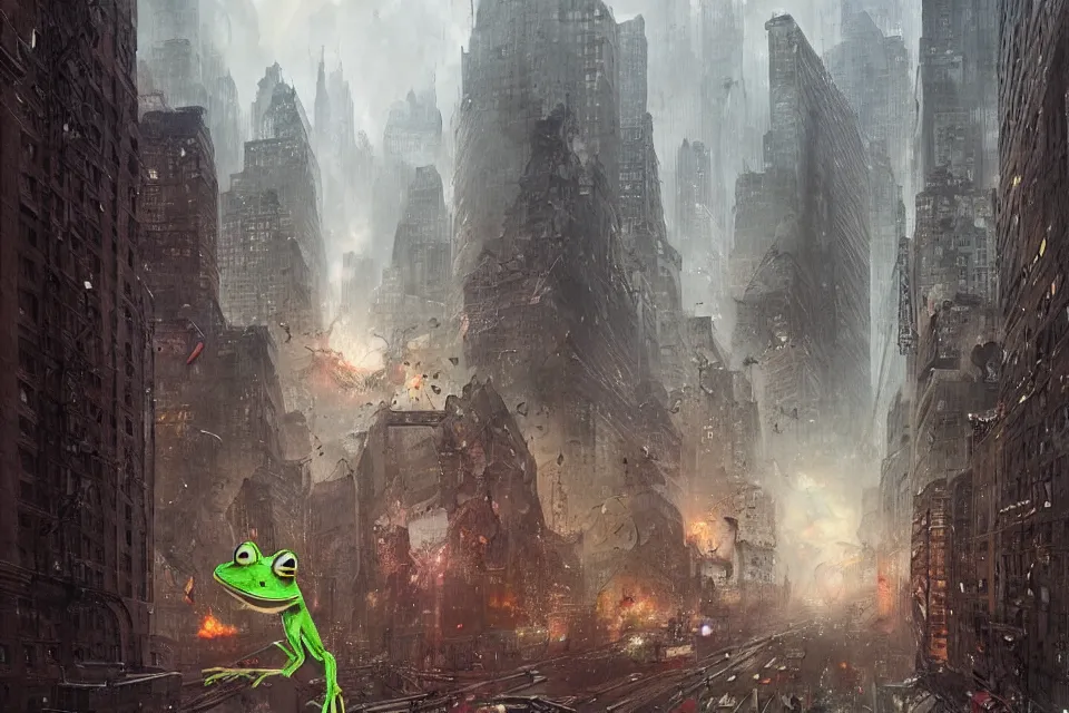 Prompt: apocalyptic frog monster destroys New York, character art by Greg Rutkowski