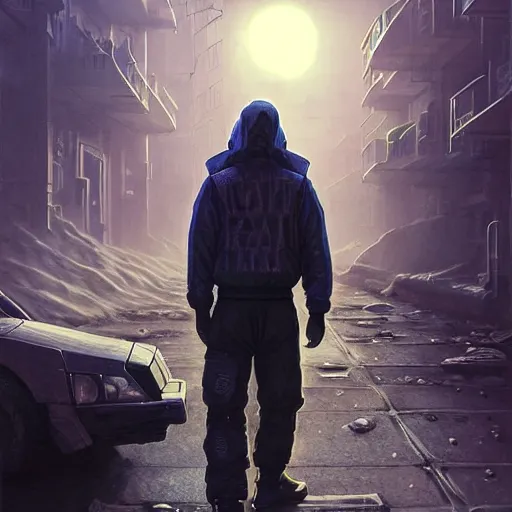 Image similar to A photo of cyberpunk gopnik on the street of a Soviet slum on the Moon, blinding sun, Norilsk, sci-fi, fantasy, intricate, very very beautiful, by Evgeny Zubvkov, elegant, highly detailed, digital painting, artstation, concept art, smooth, sharp focus, illustration, art by artgerm and greg rutkowski and alphonse mucha