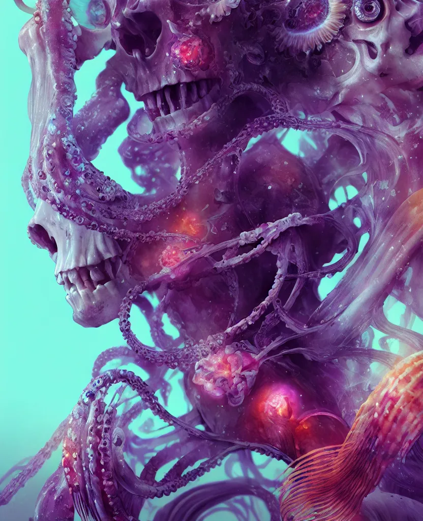 Image similar to goddess close - up portrait human skeleton, ram skull, squid phoenix jellyfish, orchid, betta fish, bioluminiscent, intricate artwork by tooth wu and wlop and beeple. octane render, trending on artstation, greg rutkowski very coherent symmetrical artwork. cinematic, hyper realism, high detail, octane render, 8 k