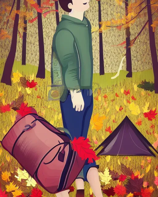 Image similar to autumn hillside boy with camping bag illustration light color