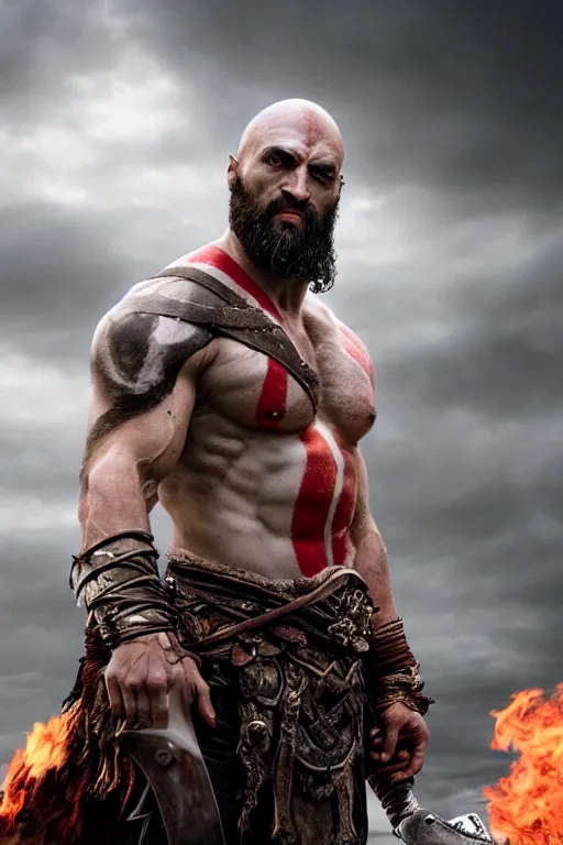 Prompt: film still from god of war, a highly detailed beautiful closeup photo of jason momoa kratos with long windblown wet hair holding a sword and fighting zombies on a pile of human skulls, spartan warrior, olympian god, muscular!,, action pose, ambient lighting, volumetric lighting, octane, fantasy