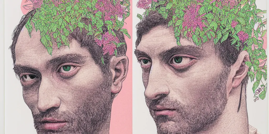 Prompt: risograph grainy drawing protagonist face, pastel colors, with huge piersing, face covered with plants and flowers, by moebius and satisho kon and dirk dzimirsky close - up portrait, hyperrealistic