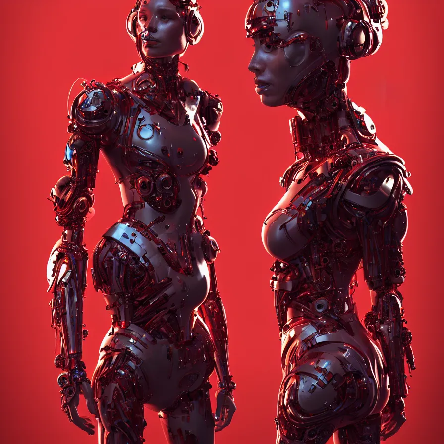 Image similar to portrait, super hero pose, red biomechanical dress, inflateble shapes, wearing epic bionic cyborg implants, masterpiece, intricate, biopunk futuristic wardrobe, highly detailed, art by akira, mike mignola, artstation, concept art, background galaxy, cyberpunk, octane render