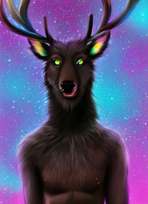 Image similar to award winning beautiful portrait commission of a male furry anthro Black Reindeer fursona with a tail, wings and a cute beautiful attractive detailed furry face wearing stylish black and rainbow galaxy clothes in a outerspace city at night while it rains. Character design by charlie bowater, ross tran, artgerm, and makoto shinkai, detailed, inked, western comic book art