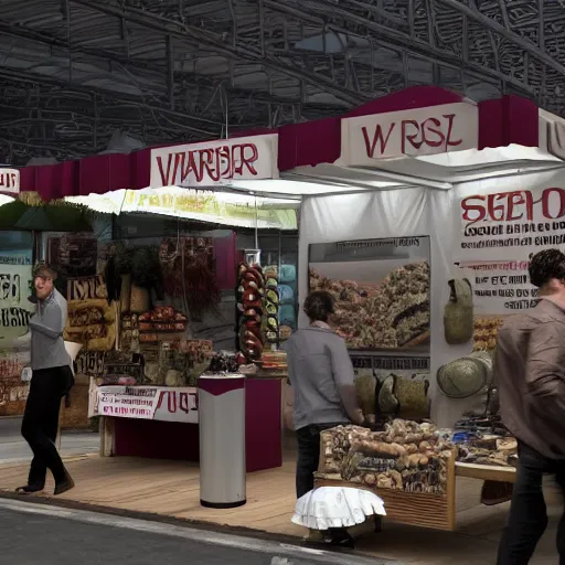 Prompt: a scene of a market stall at a trade show from the film a minority report taken from a distance, cinematic, dslr, unreal engine, hyper realistic