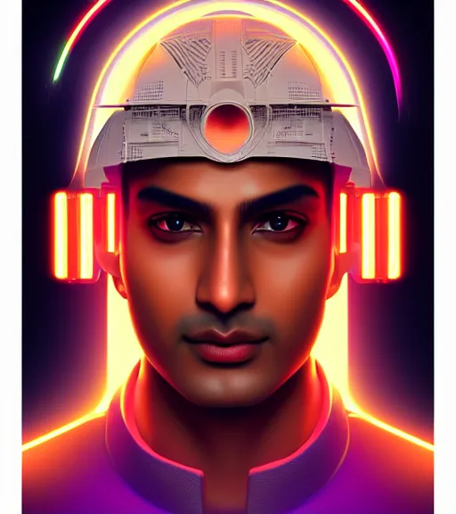 Prompt: symmetry!! indian prince of technology, solid cube of. light, hard edges, product render retro - futuristic poster scifi, lasers and neon circuits, brown skin handsome indian prince, intricate, elegant, highly detailed, digital painting, artstation, concept art, smooth, sharpfocus, illustration, dreamlike, art by artgerm