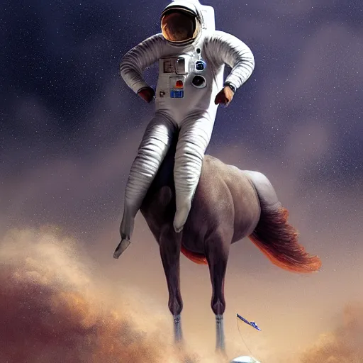 Image similar to a anthropomorphic horse - astronaut riding a human, hyperrealism, no blur, 4 k resolution, ultra detailed, style of ron cobb, adolf hiremy - hirschl, syd mead, ismail inceoglu, rene margitte