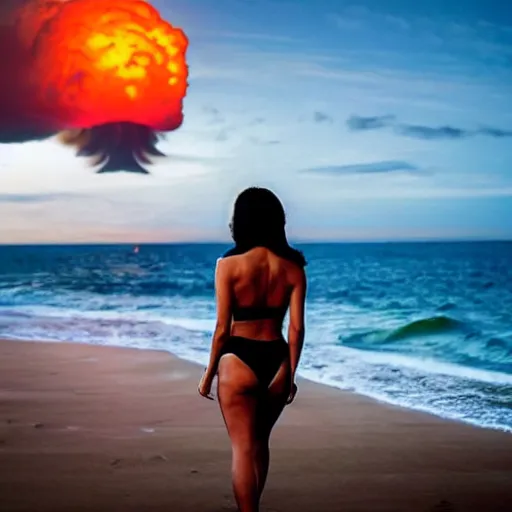 Image similar to beautiful bikini clad woman walking alone on a beach with a nuclear explosion in the background, rule of thirds
