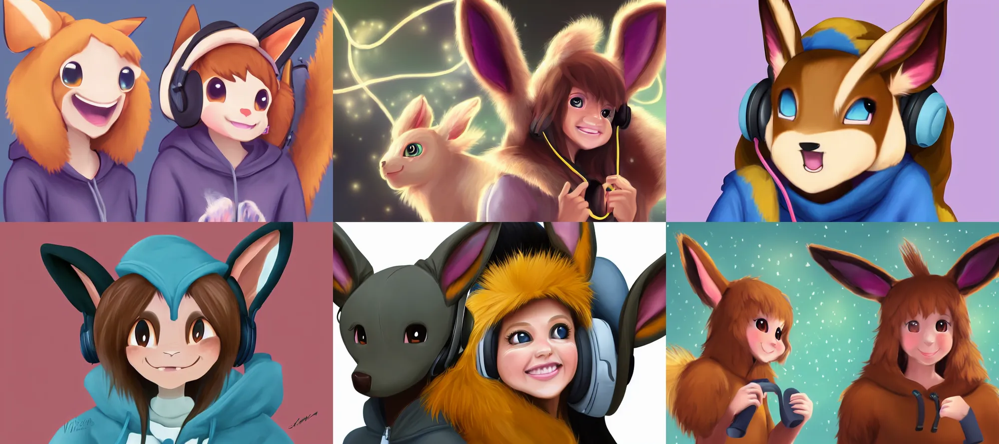 Prompt: high resolution digital painting of realistic anthro eevee (girl) smiling wearing a hoodie and headphones with big, manes of synthetic fur