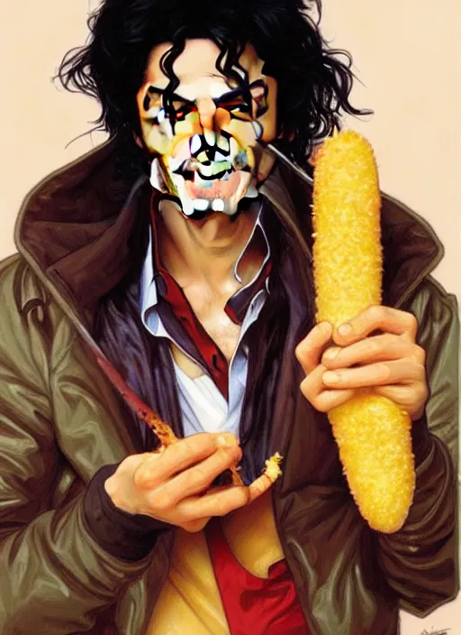Image similar to michael jackson eating a corndog, painting by artgerm and greg rutkowski and alphonse mucha