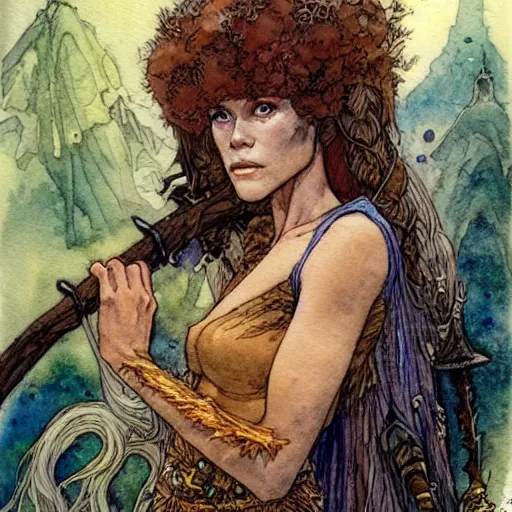 Image similar to a realistic and atmospheric watercolour fantasy character concept art portrait of a young jane fonda as a druidic warrior wizard looking at the camera with an intelligent gaze by rebecca guay, michael kaluta, charles vess and jean moebius giraud