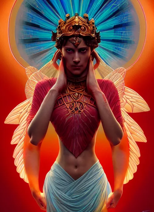 Prompt: nike godess of victory, wings, wax figure, glowing eyes, volumetric lights, red and cyan theme, art nouveau botanicals, intricate, highly detailed, digital painting, artstation, concept art, smooth, sharp focus, cinematic, illustration, beautiful face, art by artgerm and greg rutkowski and alphonse mucha