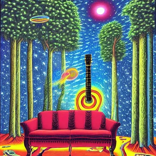 Prompt: psychedelic trippy couch pine forest, planets, guitar, milky way, sofa, cartoon by rob gonsalves