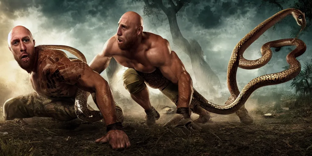 Prompt: The Ryback fighting a snake outdoors, highly detailed, intricate, digital illustration, hyperrealistic, photorealistic, ultra hd, cinematic lighting, award-winning, 4k, beautiful color, high quality, high textured, lens flare