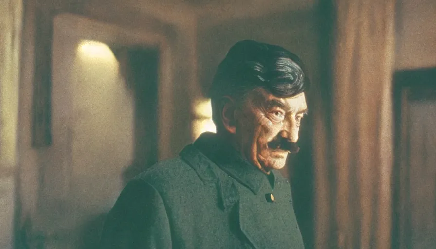 Prompt: movie still by tarkovsky portrait of an old stalin, cinestill 8 0 0 t 3 5 mm, heavy grain, high quality, high detail