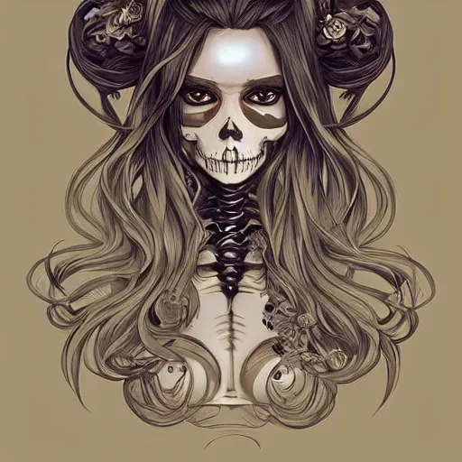 Prompt: anime manga skull portrait young woman long wavy hair skeleton, intricate, elegant, highly detailed, digital art, ffffound, art by JC Leyendecker and sachin teng
