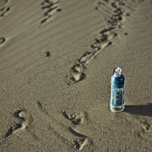 Image similar to an old message in a bottle washed up on the beach sand from the 1800s, close up, dslr photo 50mm