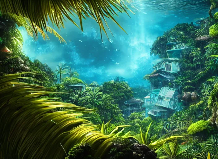 Image similar to overgrown tropical foliage overtaking japanese favela, underwater environment, borealis, scenery, professional, award - winning, trending on artstation, hyper detailed, realistic, beautiful, emotional, shiny, golden, picture