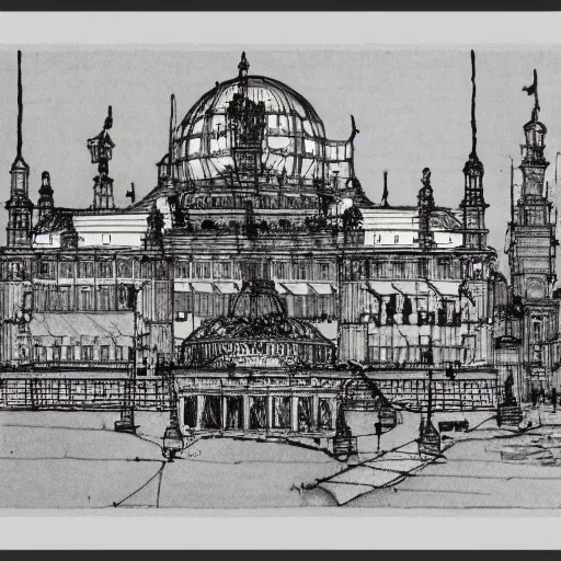 Image similar to Palast der Republik in Berlin, architectural drawing by Arthur Rackham