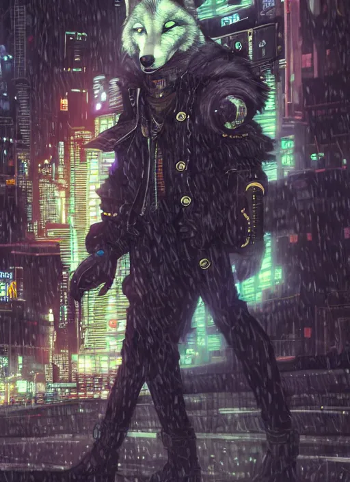 Image similar to character portrait of a male anthro wolf fursona with a tail and a cute beautiful attractive detailed furry face wearing stylish cyberpunk clothes in a cyberpunk city at night while it rains. hidari, color page, tankoban, 4K, tone mapping, Akihiko Yoshida. Nomax, Kenket, Rukis.