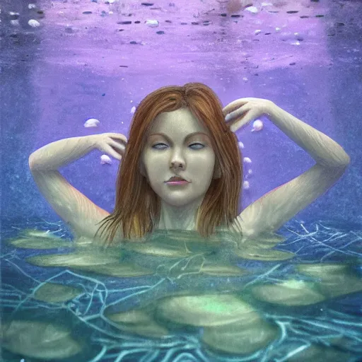 Image similar to A woman submerged underwater, you can only see her face from an aerial view with lily pads surrounding her as her hand reaches out to you, artistic digital art, very opaque, gloomy style, oil paints and pastel highlights, trending on artstation, artstationHD, artstationHQ, 4k, 8k