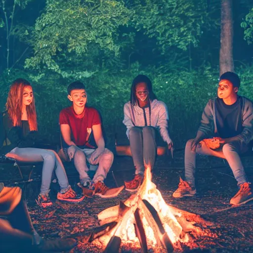 Image similar to group of teenagers sitting around a campfire, realistic, night