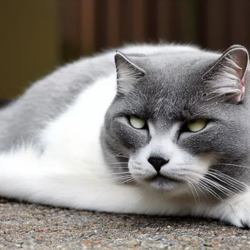 Image similar to big bored grey cat with white belly, white paws and very long fur