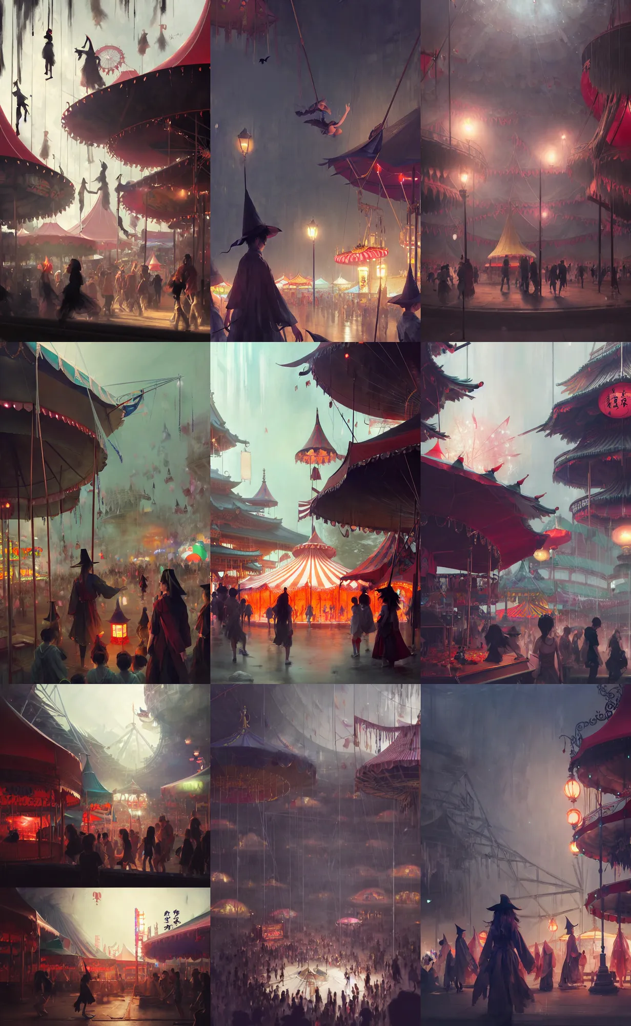 Image similar to close - up of student witches exploring and patrolling around a small carnival amusement, food stalls, big top circus tent, roaming entertainers, flashing lights, highly detailed, magical, japan mountains, digital painting, concept art, matte, art by ruan jia and wlop and greg rutkowski and makoto shinkai, masterpiece