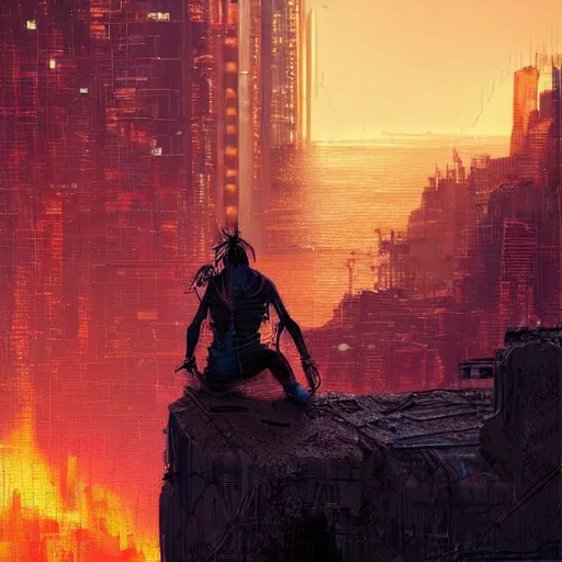 Prompt: a cyberpunk zulu warrior sitting on a cliff watching an enormous city burn!!! from a distance at night, fire!!, by alena aenami and android jones and greg rutkowski, Trending on artstation, hyperrealism, elegant, stylized, highly detailed digital art, 8k resolution, hd, global illumination, radiant light, detailed and intricate cyberpunk ghetto environment, rendered in octane, post processed, wide angle, dynamic portrait