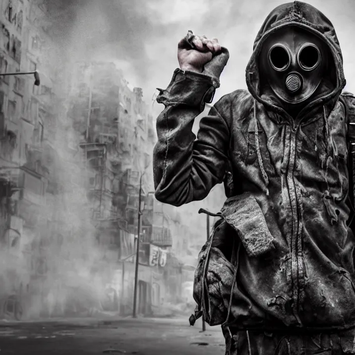 Image similar to gritty hooded apocalyptic man in gas mask standing in street of destroyed city, hyper - detailed, smooth, sharp focus, 4 k ultra hd, fantasy dark art, apocalyptic art