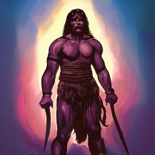 Prompt: Conan the Barbarian illustration, bisexual lighting science fiction pulp