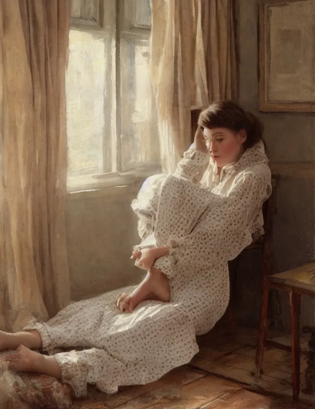 Prompt: Aristocrat girl in the cottage in the morning in a Pajama, country style, portrait, Cinematic focus, Polaroid photo, vintage, neutral colors, soft lights, foggy, by Steve Hanks, by Serov Valentin, by lisa yuskavage, by Andrei Tarkovsky 8k render, detailed, oil on canvas