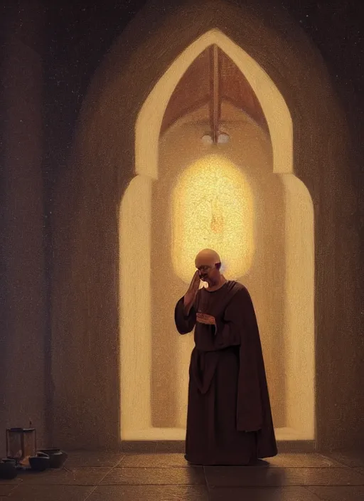 Image similar to oil painting portrait of a weeping sobbing tonsured dominican monk in a brown habit, kneeling in a moonlit empty chapel at night, hazy, digital art, artstation, cinematic, moonlight, digital art painting by greg rutkowski, hazy atmosphere, candles, cinematic blue lighting