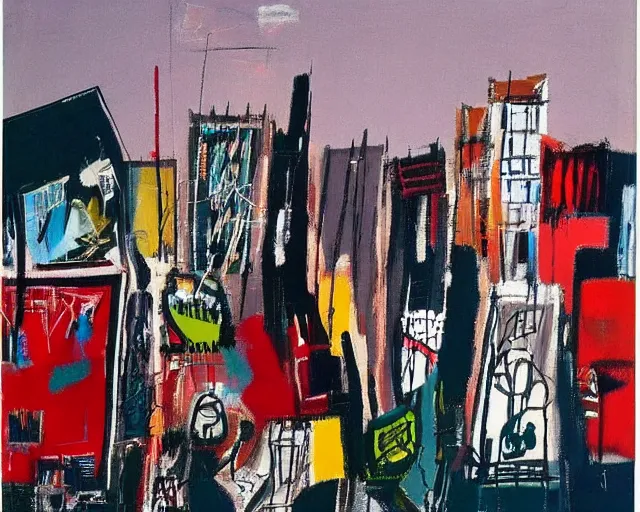 Image similar to painting of new york city skyline by graham sutherland, basquiat, neo - expressionism, muted colors!!!