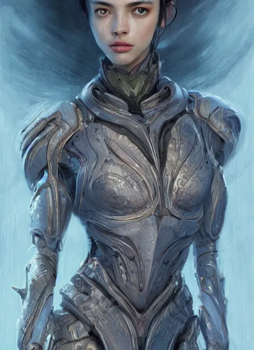 Image similar to a professional painting of a beautiful young female alien, clothed in ethereal armor, olive skin, long dark hair, beautiful bone structure, symmetrical facial features, intricate, elegant, digital painting, concept art, smooth, sharp focus, illustration, from Valerian and the City of a Thousand Planets, by Ruan Jia and Mandy Jurgens and Artgerm and William-Adolphe Bouguerea