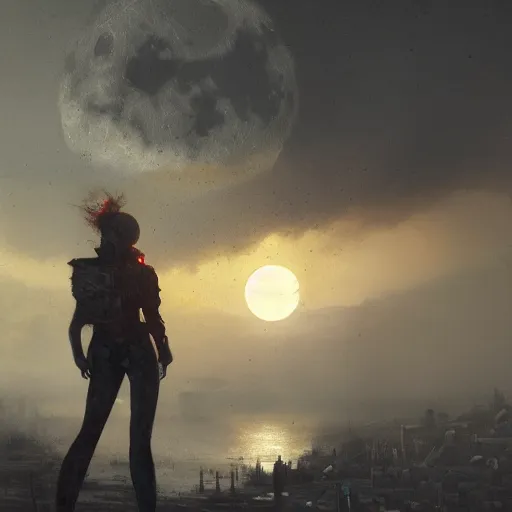 Image similar to A portrait of a teenage girl, ruins of a destroyed city, yellow-red full moon on background, techwear, dark, atmosphere, natural volumetric light, intricate, highly detailed, digital painting, concept art, sharp focus, illustration, art by greg rutkowski, matte painting, trending on artstation