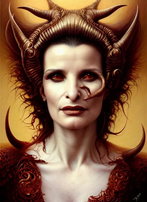 Prompt: julette binoche as an devil, aesthetic, fine art, intricate, elegant, highly detailed, realistic hair, centered, digital painting, art station, conceptual art, soft, sharp focus, illustration, artwork, artgerm, tomasz alen kopera, peter mohrbacher, donato giancola, wlop, boris vallejo