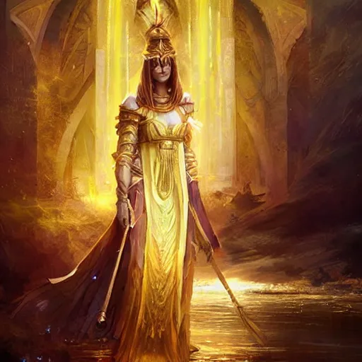 Image similar to a priestess weavering strings of gold, symmetric face, hyperrealism, epic fantasy digital art, fantasy style art, by Greg Rutkowski, fantasy magic the gathering card art style