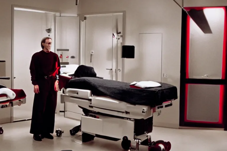 Image similar to a scene from the movie dead ringers with jeremy irons, dark cinematic lighting, heavy black and red palette and color contrast, medical equipment, movie directed by wes craven