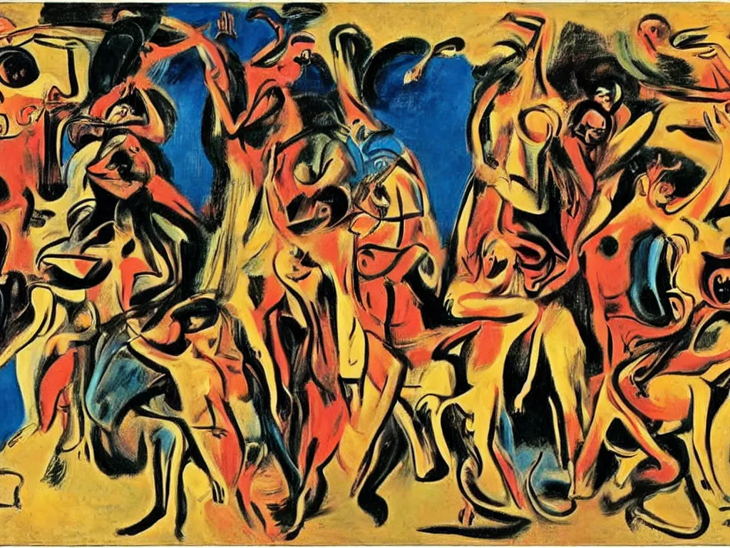 Image similar to surreal, tribal dance, art by willem de kooning, dali